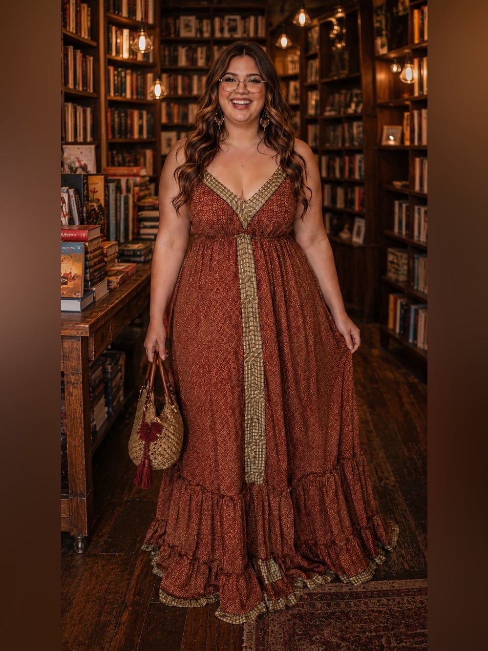NWT Antique Romance Gold & Burgundy Empire Waist  Bohemian Maxi Dress